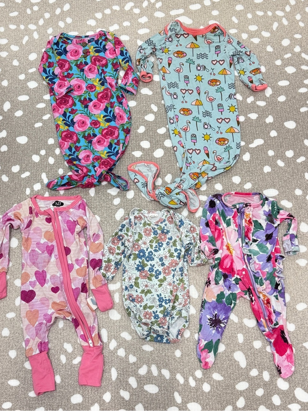 Lot of 5 bamboo newborn footies knotted gown baby girl ruffle floral onesie
